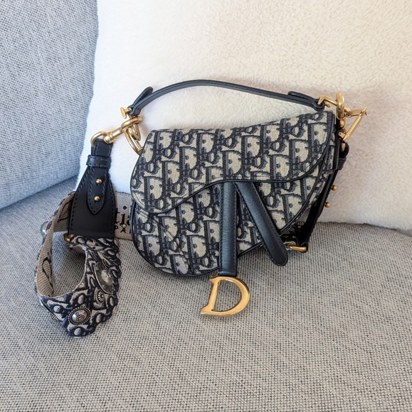 Christian Dior Oblique Mini Navy Blue Canvas Saddle Bag with Strap - Picture 1 of 14